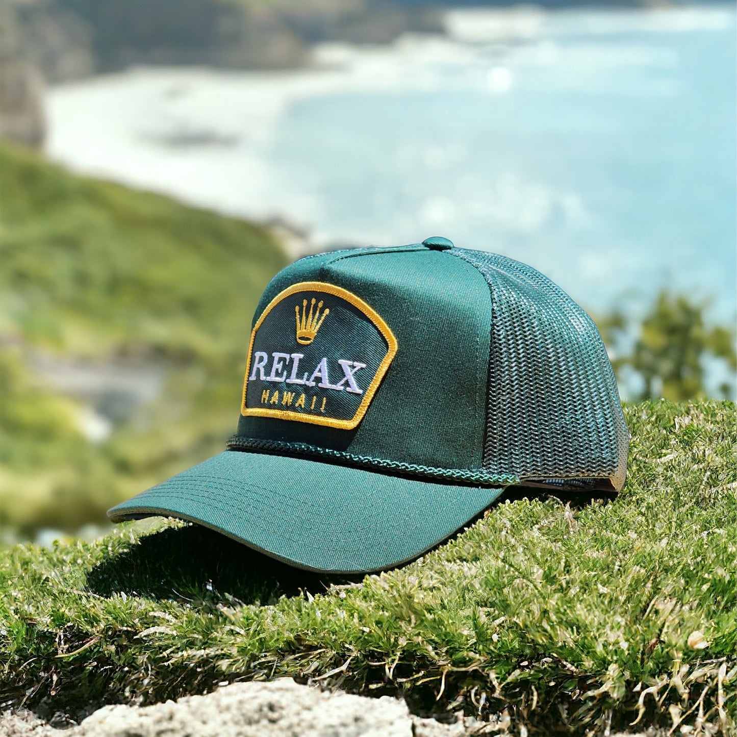 Relax Hawaii Patched Braid Trucker Hats Green