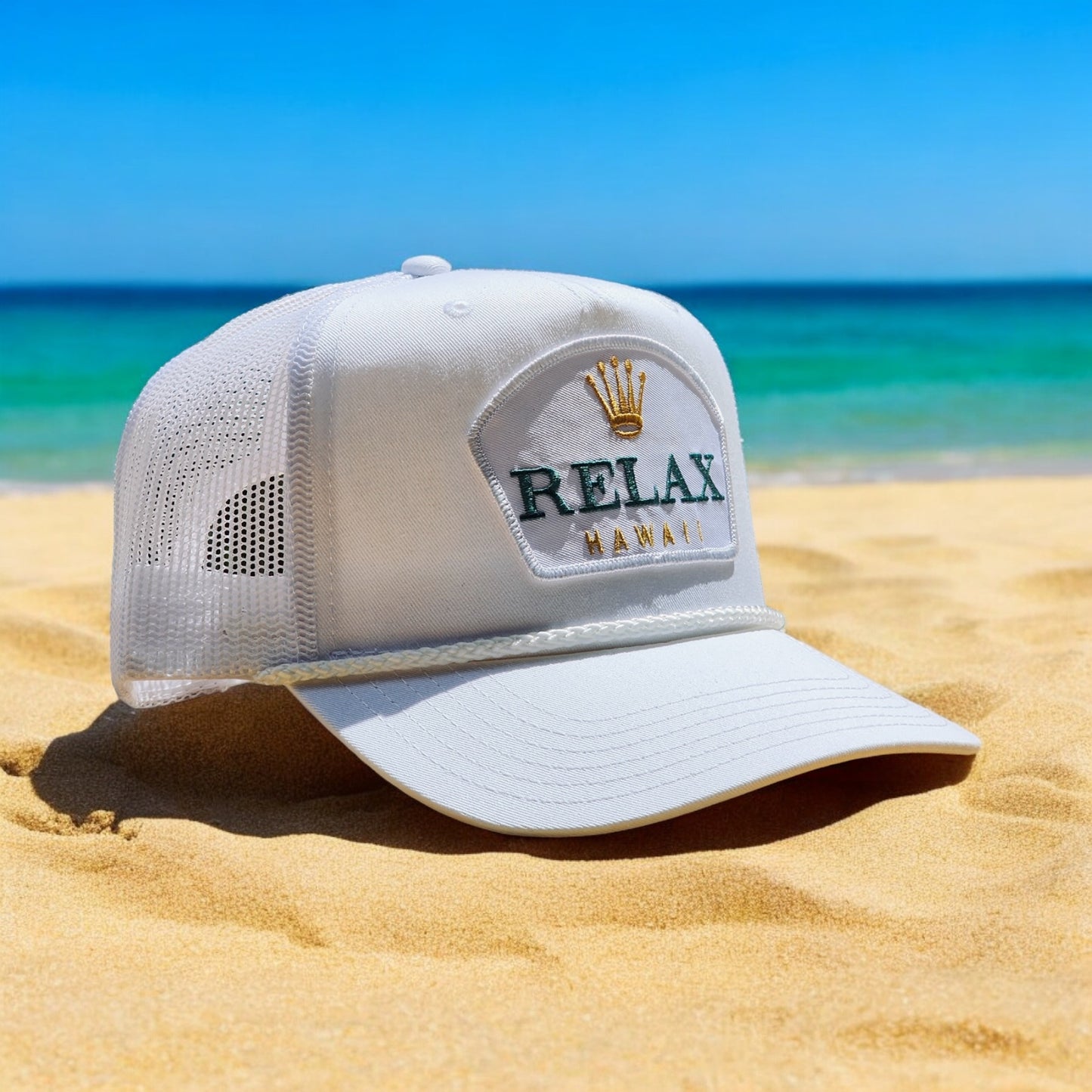 Relax Hawaii Patched Braid Trucker Hats White