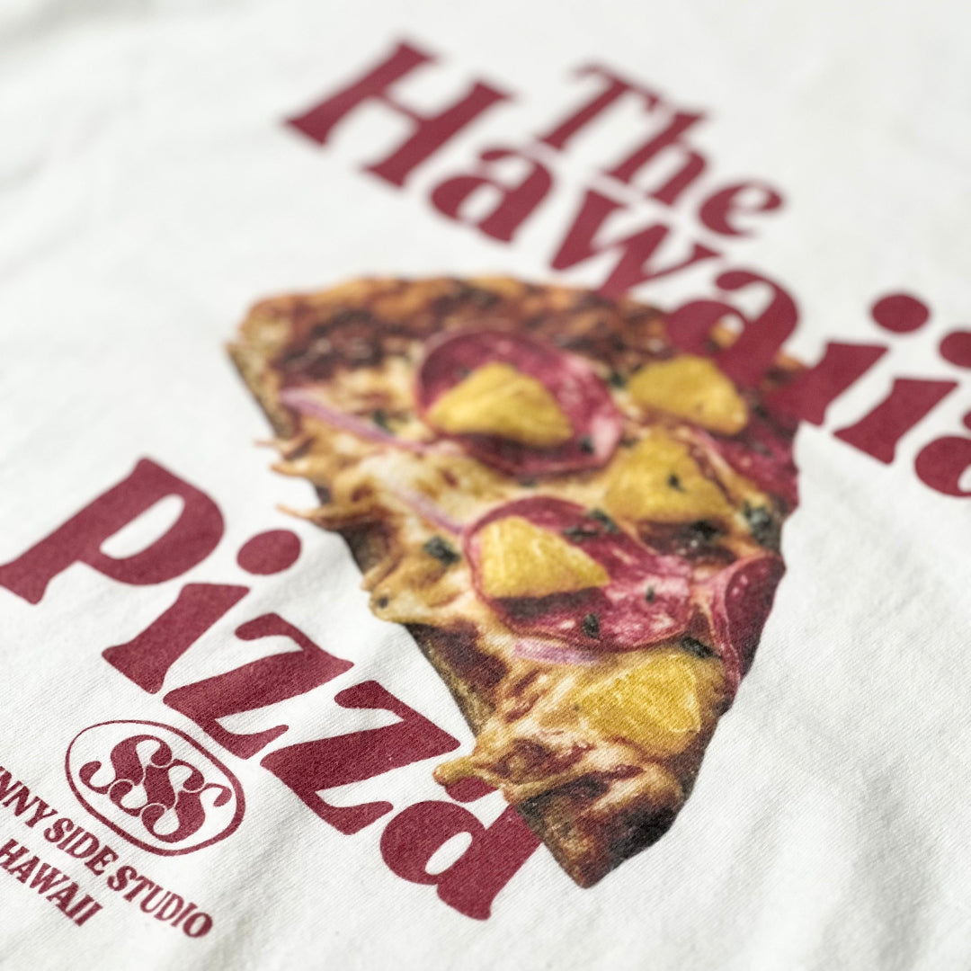 White t-shirt with a slice of pizza graphic and text on a white background